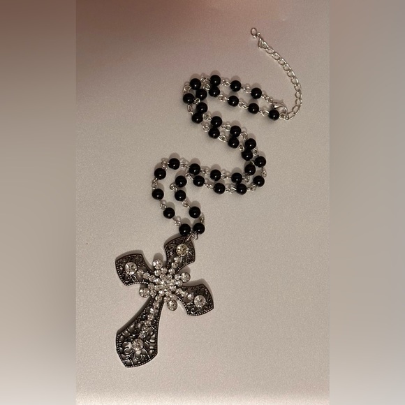 Black Beaded Necklace Choker Gothic Big Statement Cross Pendant Vampire … - Picture 5 of 10